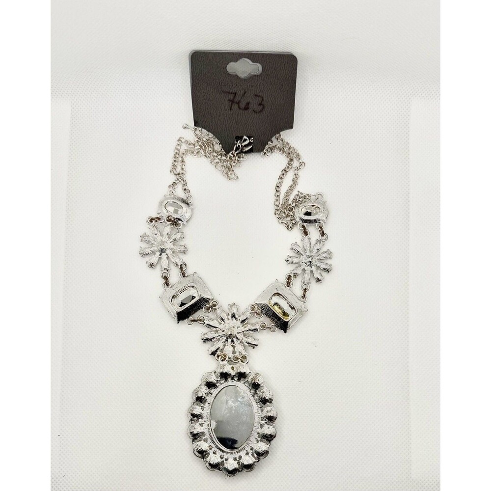 Express Silver Tone Rhinestone Statement Necklace with Floral Accents - Picture 3 of 3